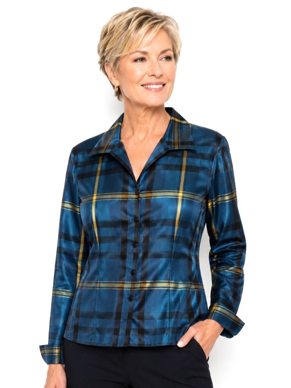 Jones New York Blue Chartreuse Tartan Plaid Silk Jacket